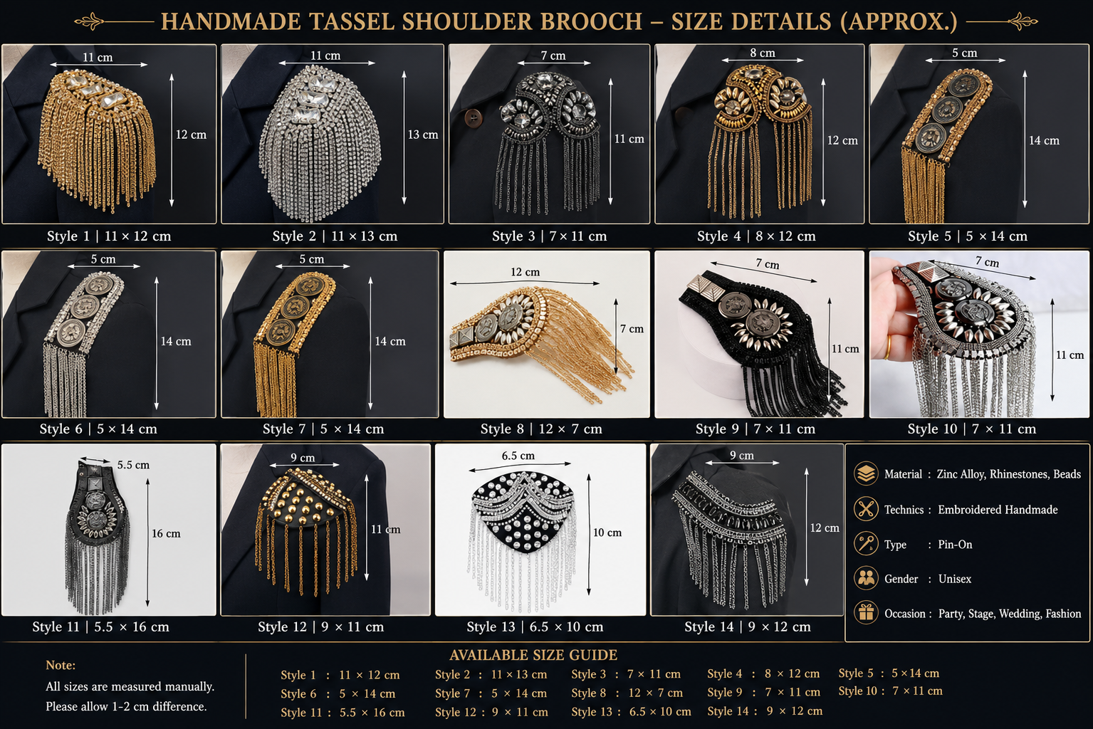 Handmade tassel shoulder brooch size details with measurement guide