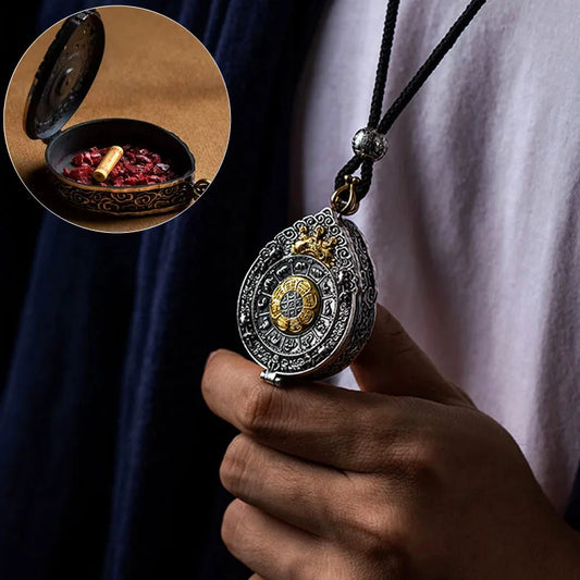 Eight Treasures Buddhist locket necklace with antique finish
