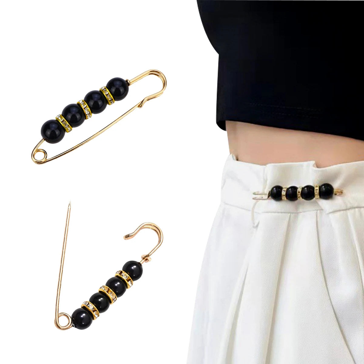 Black beaded brooch pins with gold accents on white background