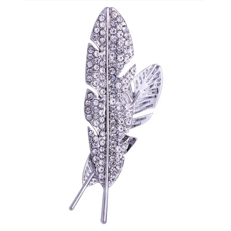 Silver Crystal embellished feather brooch pin elegant fashion accessory for suit coat