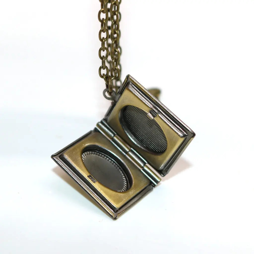 Square antique photo locket necklace with hidden storage compartment