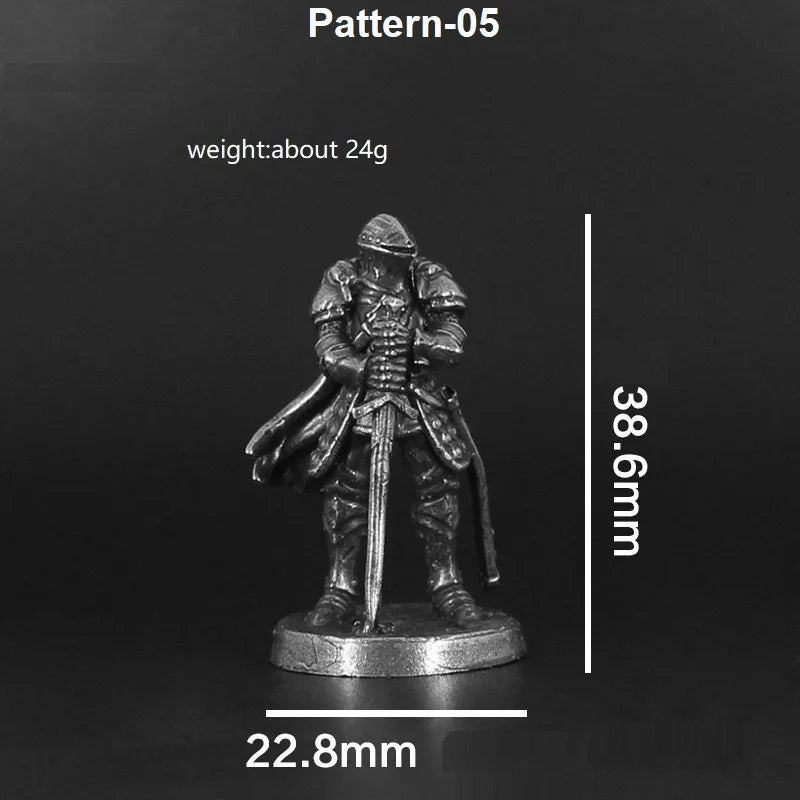 Miniature figurine with measurements on a dark background