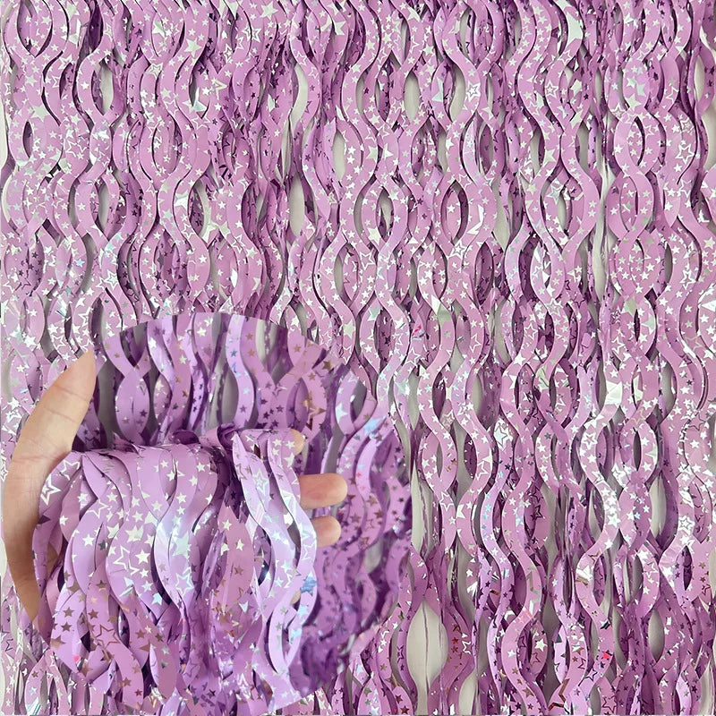Purple metallic fringe curtain with star accents for birthday wedding and party backdrops