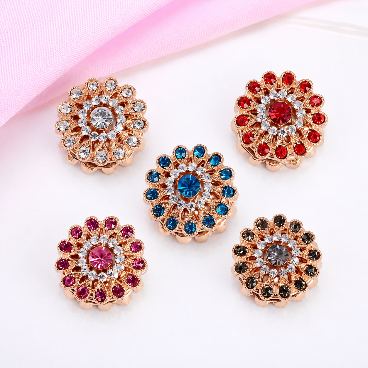Set of five floral magnetic hijab brooches with colorful rhinestone gemstones on a white background