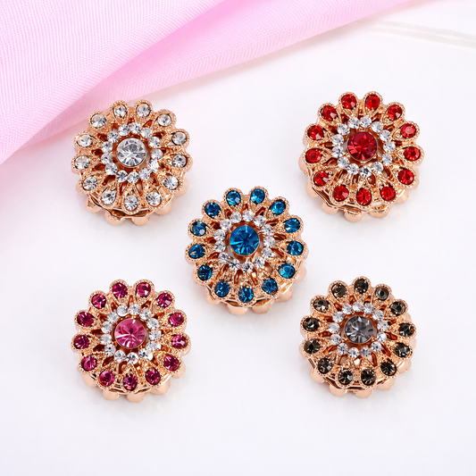 Set of five floral magnetic hijab brooches with colorful rhinestone gemstones on a white background