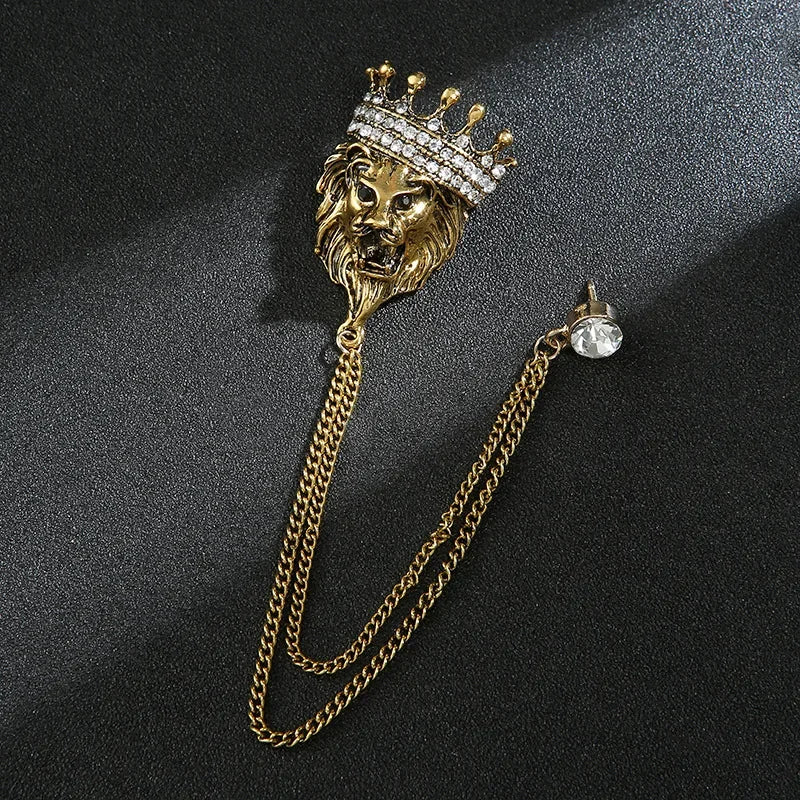 Gold lion head brooch with chain luxury formal fashion lapel pin accessory