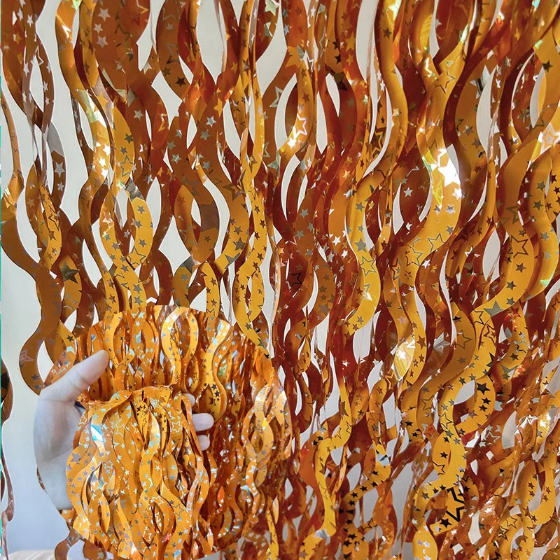 Star pattern metallic fringe curtain decoration for holiday party and event backdrop displays