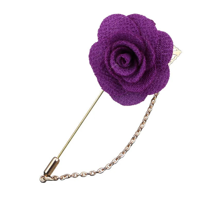 Purple flower shaped brooch with chain elegant fashion jewelry accessory on white background