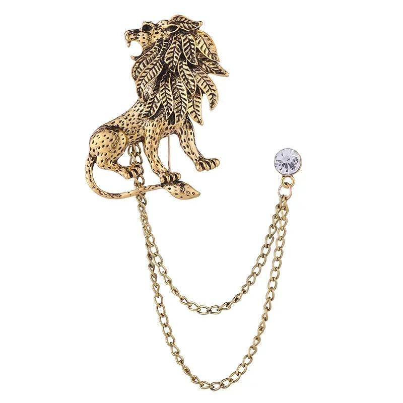 Gold lion brooch with chain and gemstone luxury fashion animal jewelry pin for coat and suit accessories