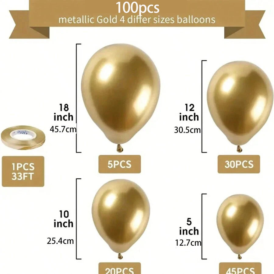 Gold metallic balloon pack size chart showing four different sizes: 18 inch (5 pieces, 45.7cm), 12 inch (30 pieces, 30.
