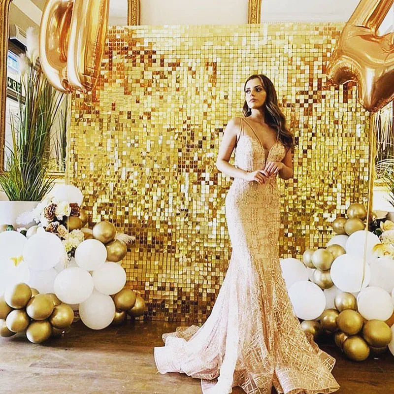 Luxury Gold Foil Fringe Curtain Square Mirror Sequin Backdrop Curtain for Party & Wedding Decoration
