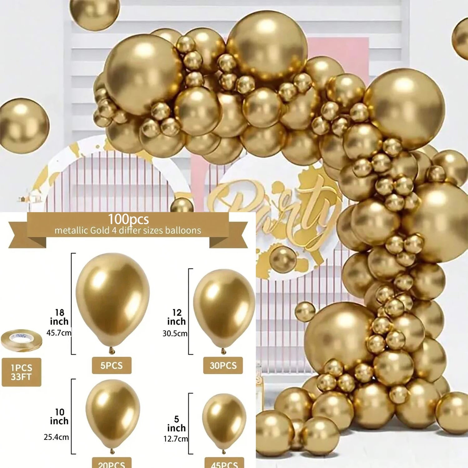Gold metallic party balloon set with multiple sizes, shown arranged in an arch and displayed with quantity and dimensions labels on a clean white background.