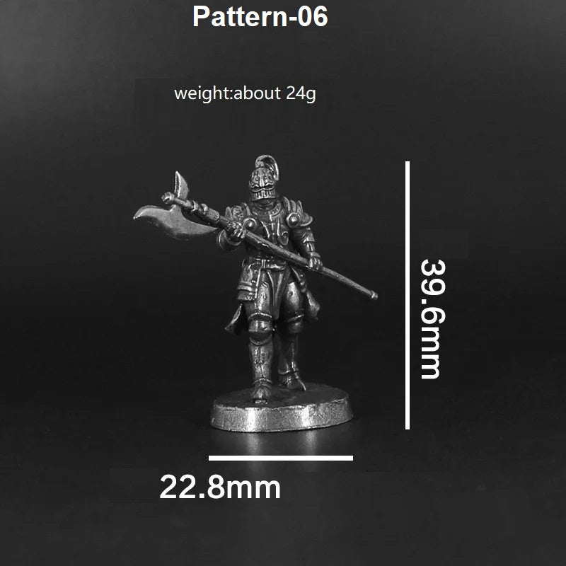 Miniature figurine of a warrior with measurements on a black background