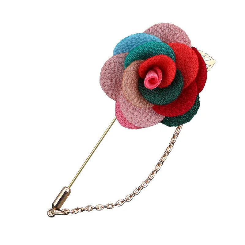 Multi Color flower shaped brooch with chain elegant fashion jewelry accessory on white background