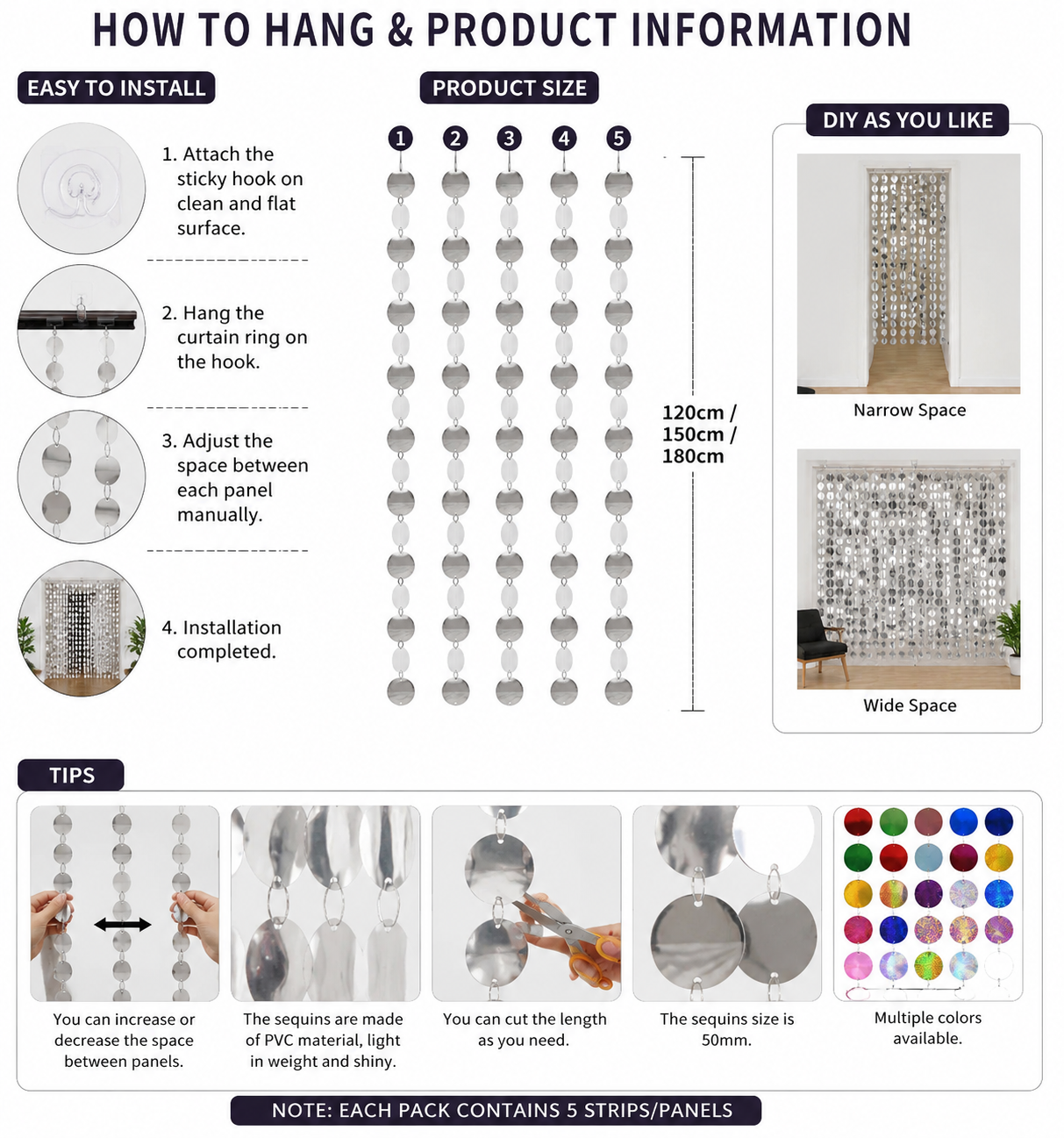 Sequin curtain hanging instructions with size options, installation steps, and available color variations.