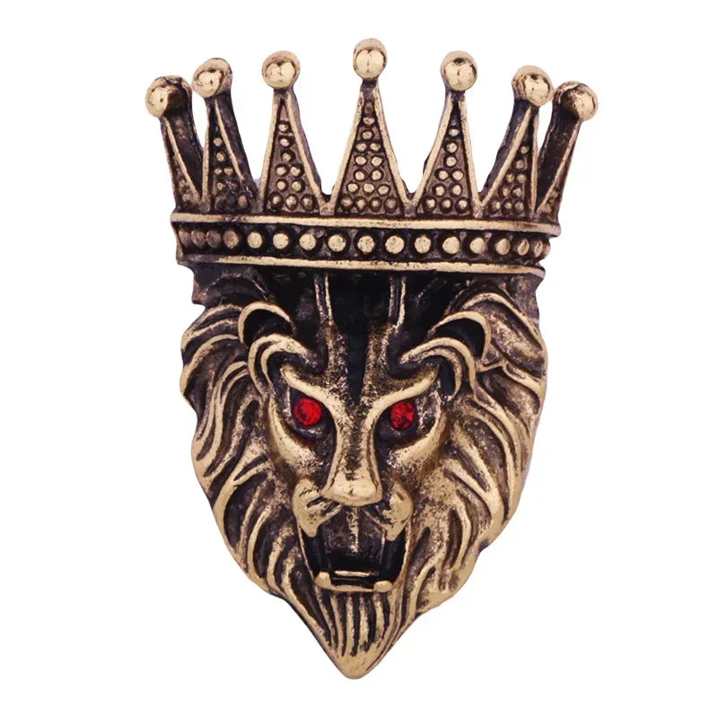 Bronze lion head lapel pin with crown and crystal eye detailing
