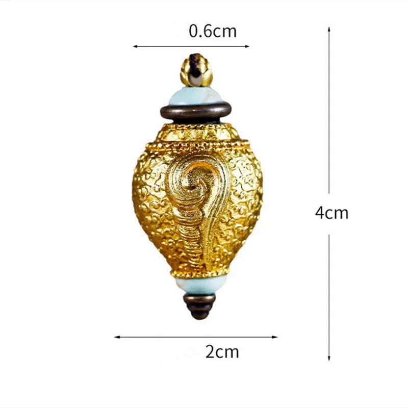 Conch shell storage pendant size chart showing dimensions and bottle opening measurements