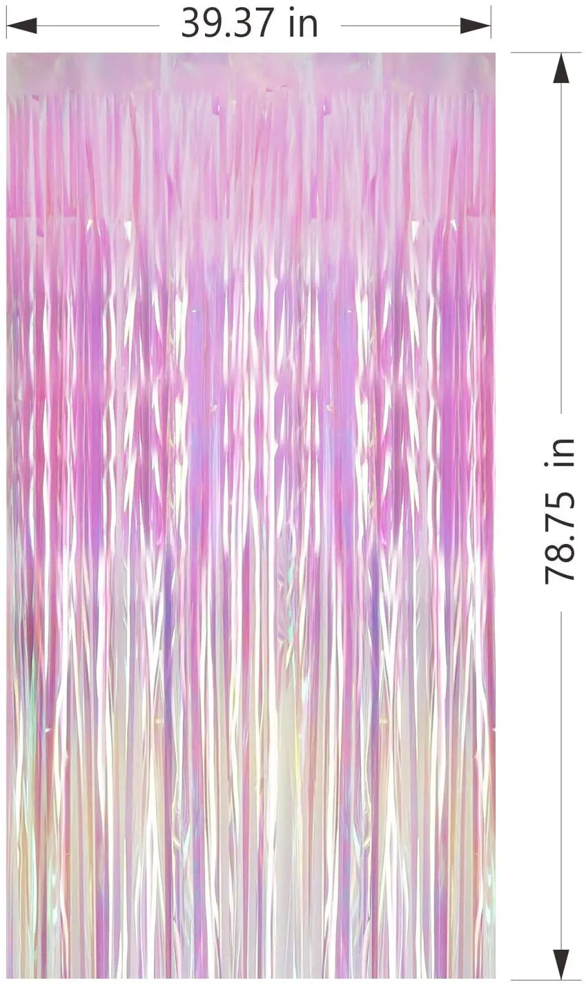 Iridescent tinsel curtain with dimensions displayed