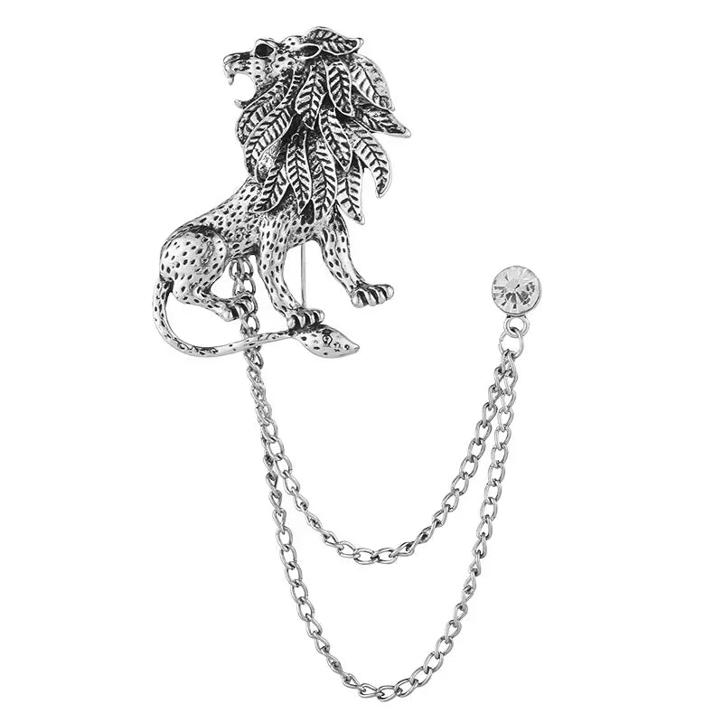 Royal lion brooch with chain stylish designer jewelry pin for coat and jacket