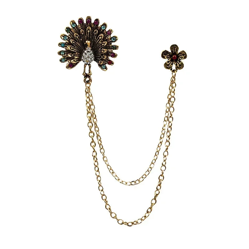 Pair of floral brooches with gold chains luxury decorative fashion jewelry on white background