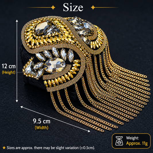Gold rhinestone shoulder brooch with size measurement details