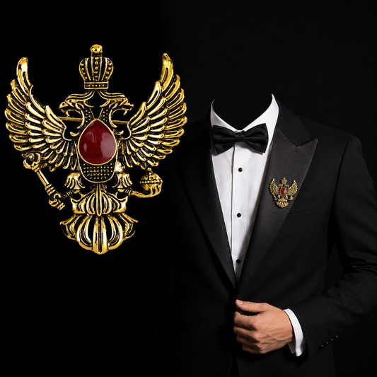 Black tuxedo with luxury eagle brooch lapel pin formal men fashion accessory on dark background