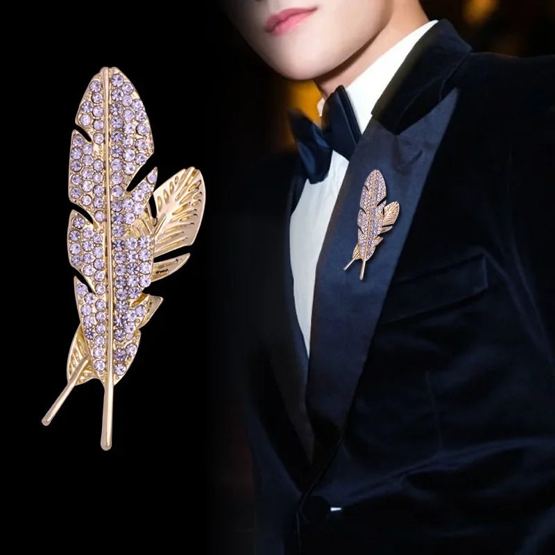 Luxury feather brooch for men with rhinestone design lapel pin for suit