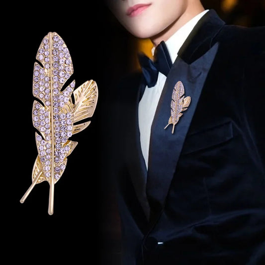 Luxury feather brooch for men with rhinestone design lapel pin for suit
