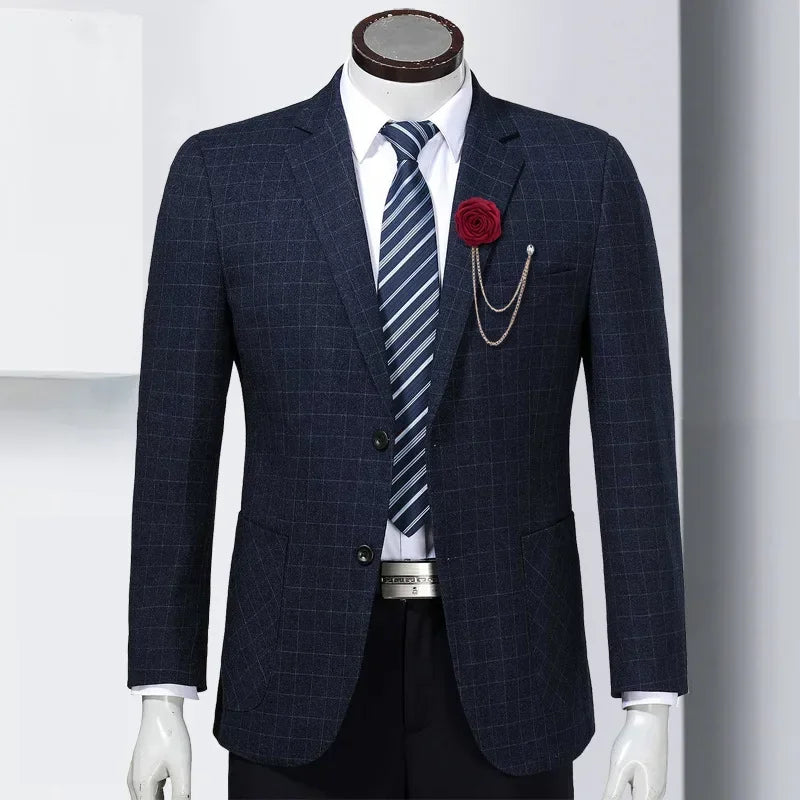 Formal blazer styled with a floral rose lapel pin and elegant suit accessories.