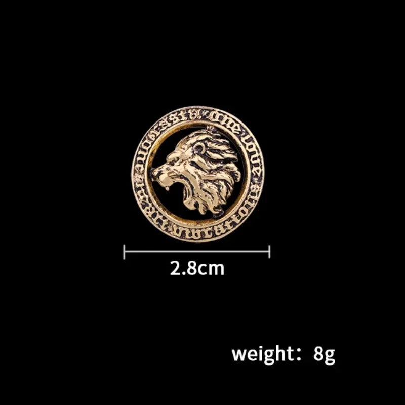 Gold lion pendant brooch with product size and measurement details