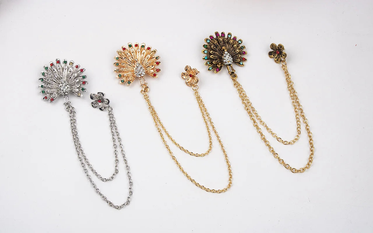 Decorative brooch set with long chains luxury fashion jewelry collection on white background
