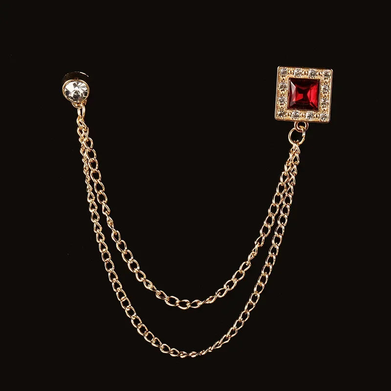 Gold chain brooch with red gemstone luxury lapel accessory