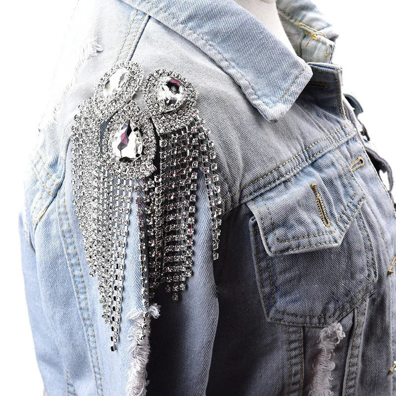 Fashion jacket decorated with rhinestone shoulder brooch accessory