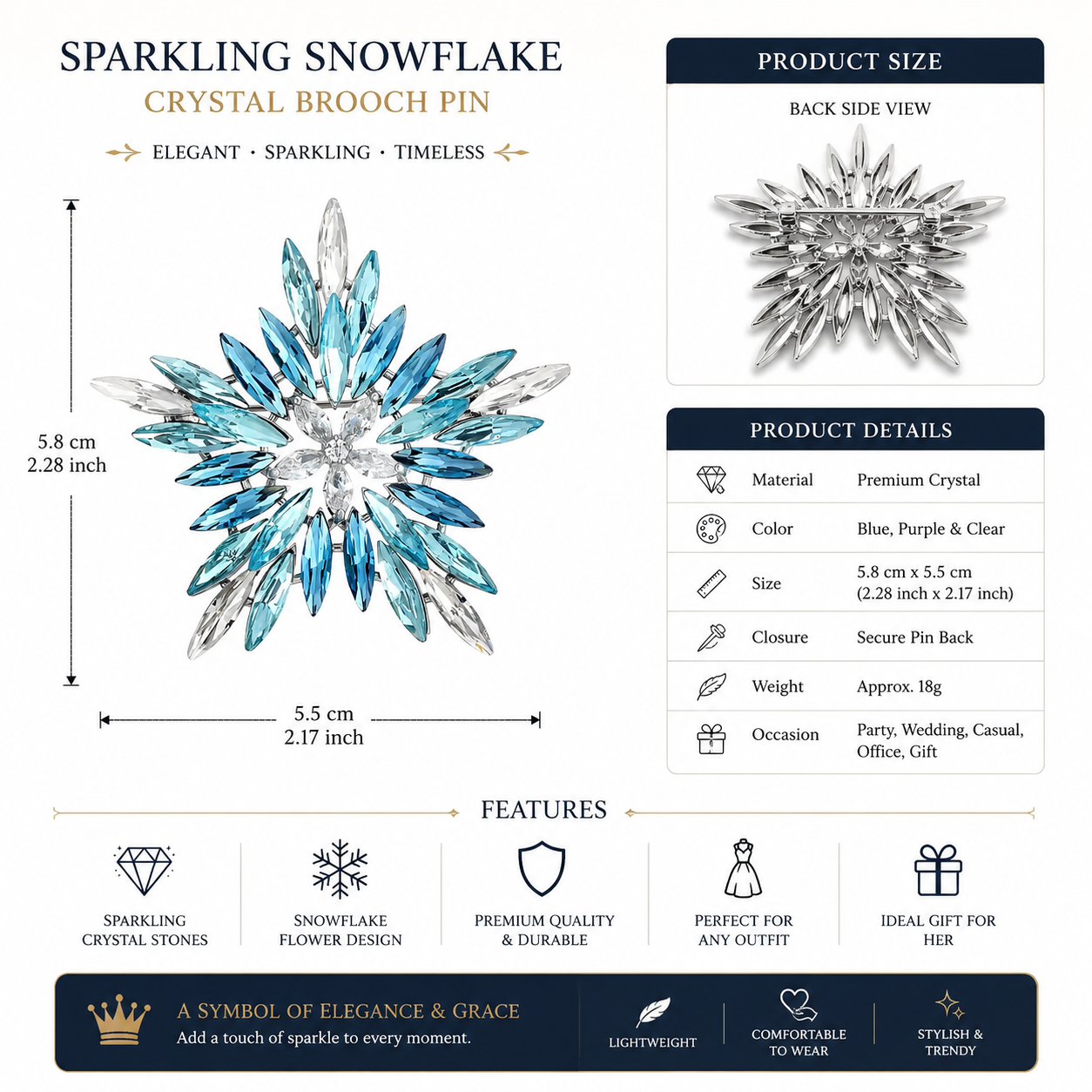 Snowflake crystal brooch pin with product size and feature details