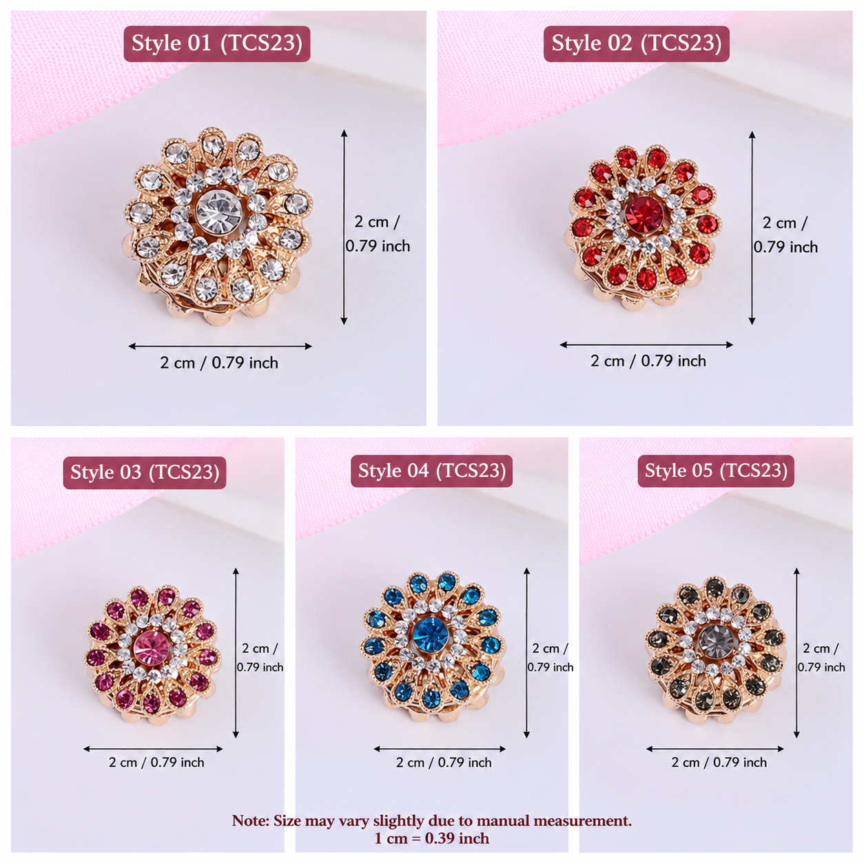 Set of five decorative brooches with different color schemes on a white background