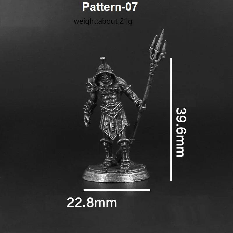 Metal figurine with measurements on a black background