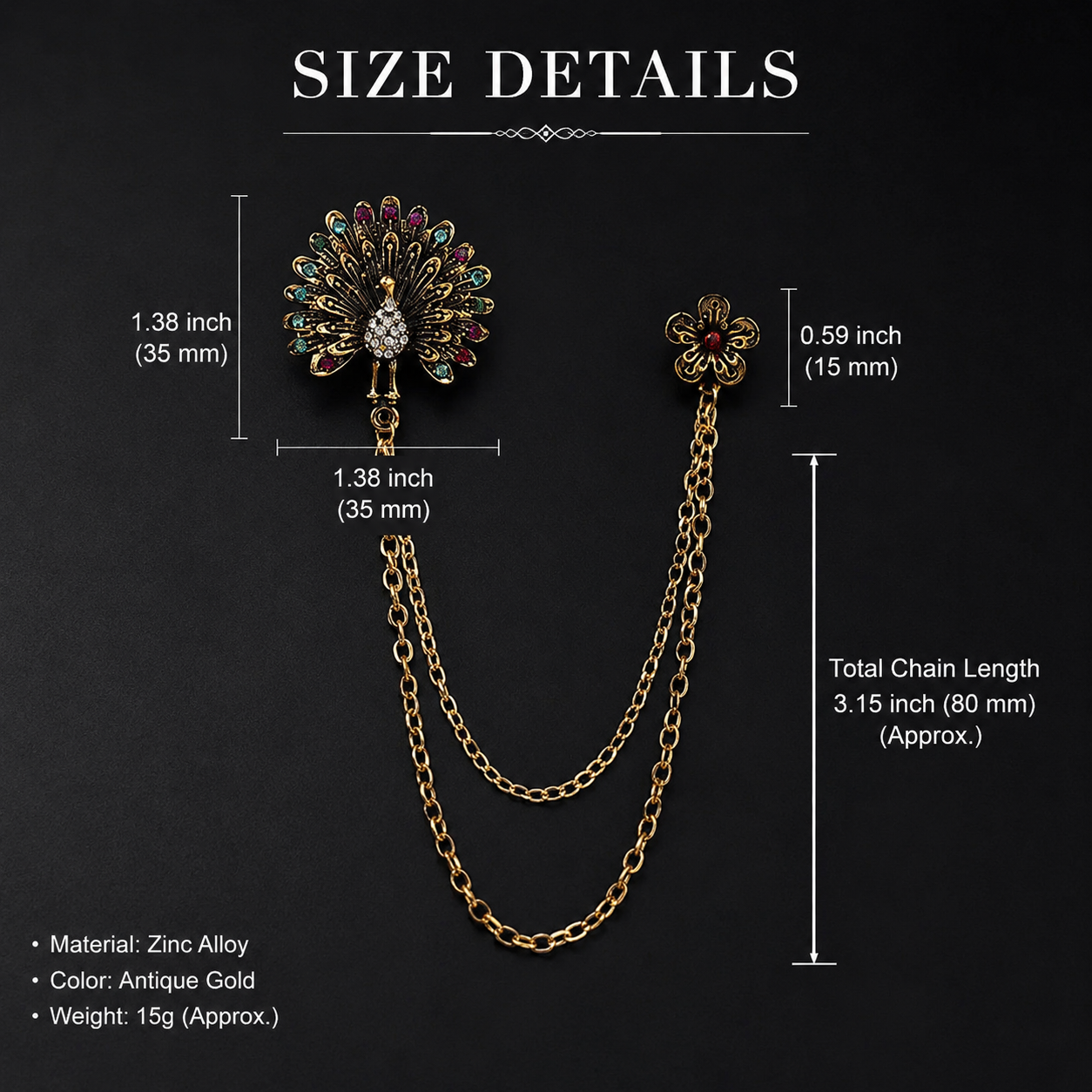 Jewelry brooch with chain and size measurements on dark background close up detail