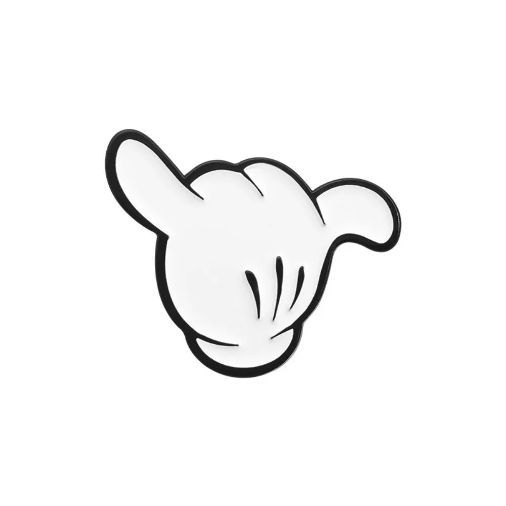 Cartoon wave hand outline enamel pin on white background