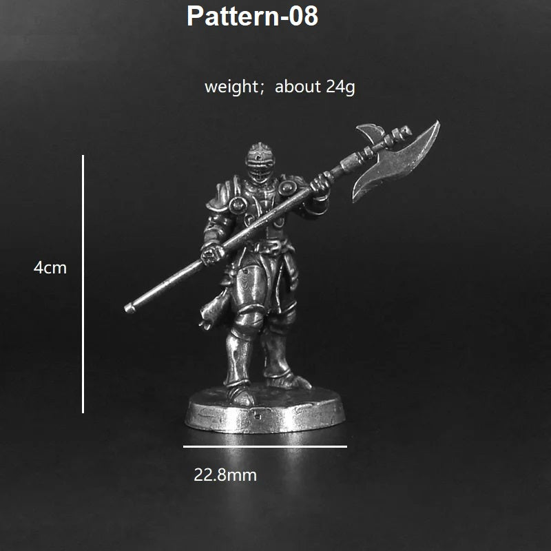 Metal figurine of a warrior holding a spear with measurements on a black background