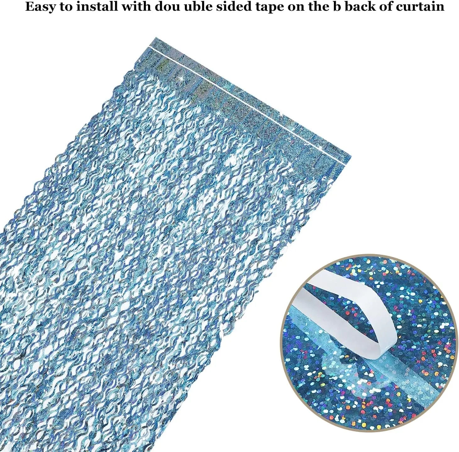 Blue metallic fringe curtain with self adhesive tape for quick wall and backdrop installation