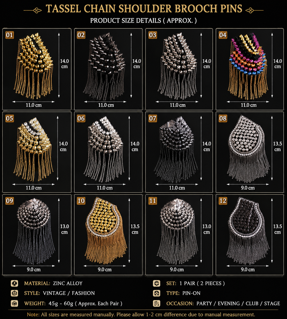 Tassel chain shoulder brooch product size details and material information