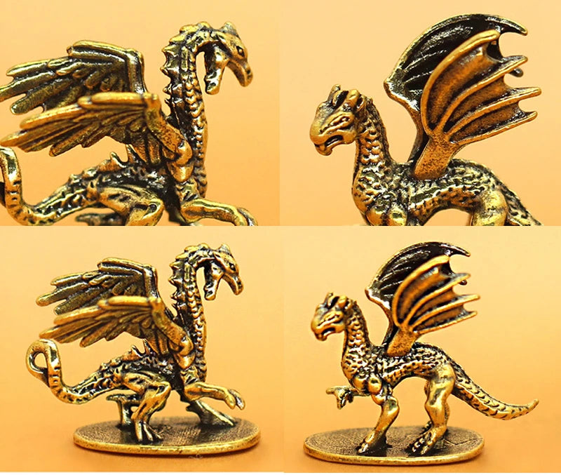 A small metallic dragon figurine shown from four different angles in a 2x2 grid. The dragon has a textured, antique gold finish with dark recessed details in its wings and scales, standing on a round base against a solid warm beige background.