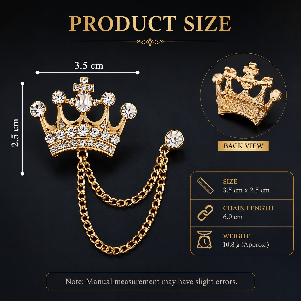 Gold crown-shaped brooch with chain, measurements, and details on a dark background