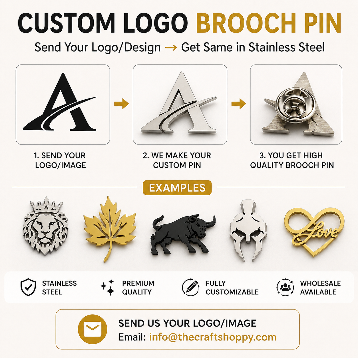 Advertisement for custom logo brooch pins with examples and contact information.