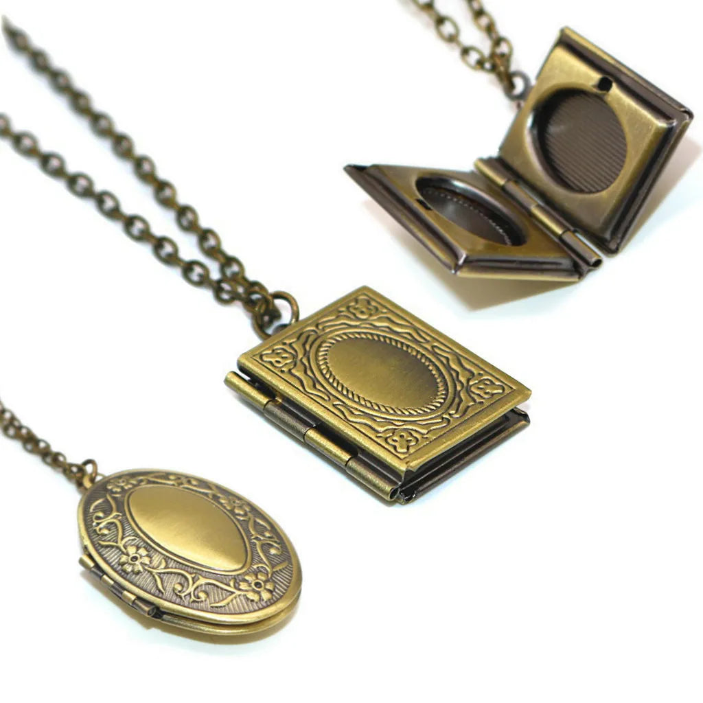 Vintage photo book locket necklace with openable memory compartment