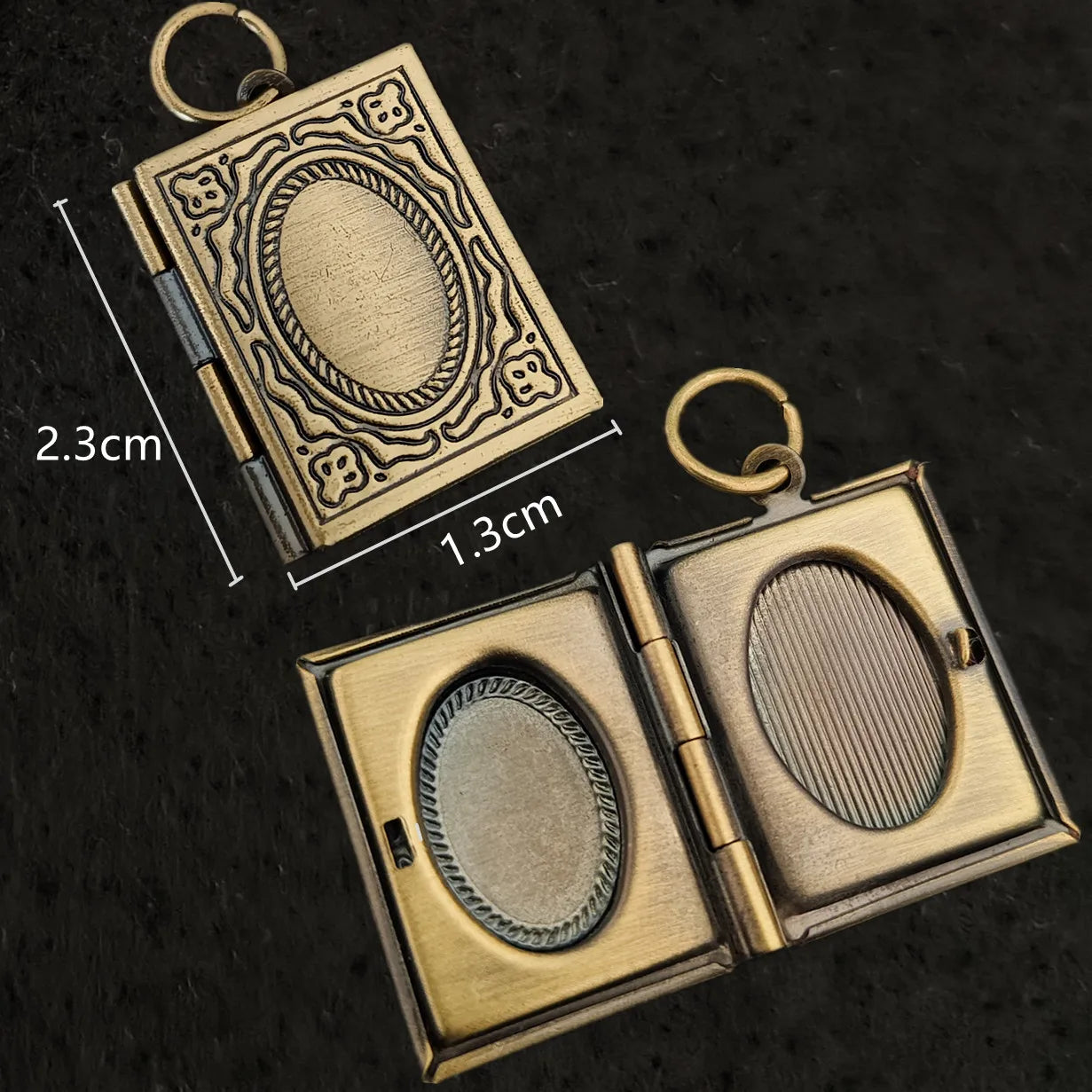 Vintage book style photo locket keychain opened to show photo frames with size details