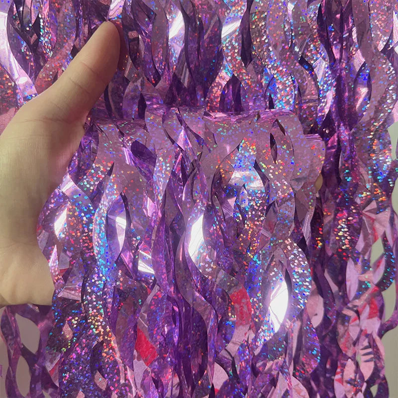 Iridescent purple foil fringe curtain material for birthday wedding and event decorations