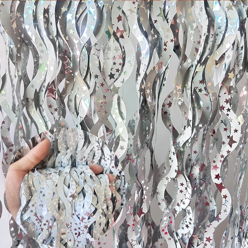 Decorative star fringe curtain material for creative event and party wall decor