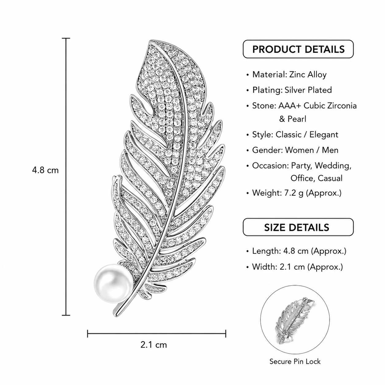 Feather-shaped brooch with pearl detail and product details on a white background