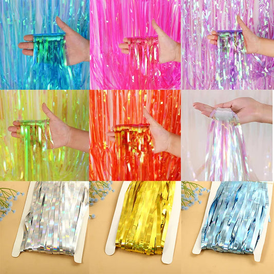 Collage of colorful tinsel strips in various colors held by hands.